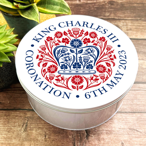 Round Crown Blue Red Emblem King Charles III Coronation Souvenir Tin