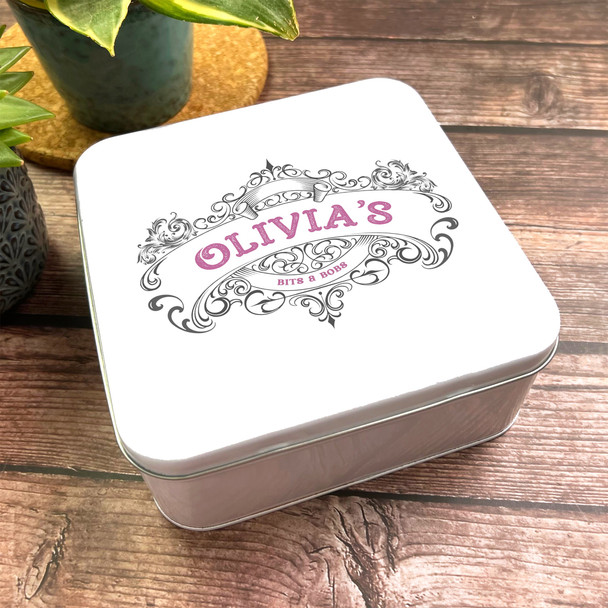 Square Antique Pink Monotone Personalised Vintage Label Bits & Bobs Tin