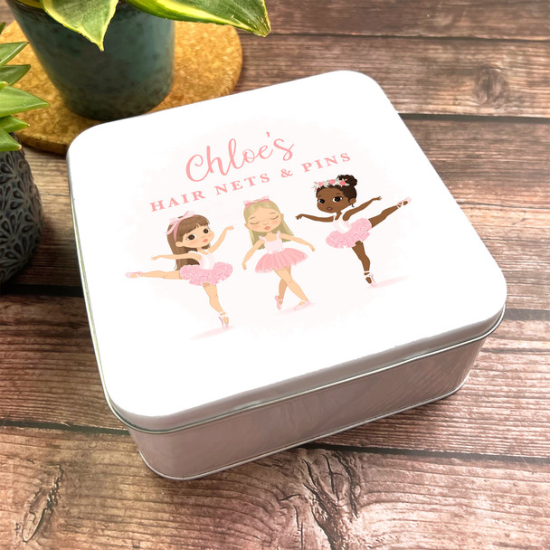 Square Cute Ballerina Girl Dancing Pink Nets & Pins Personalised Hair Tin