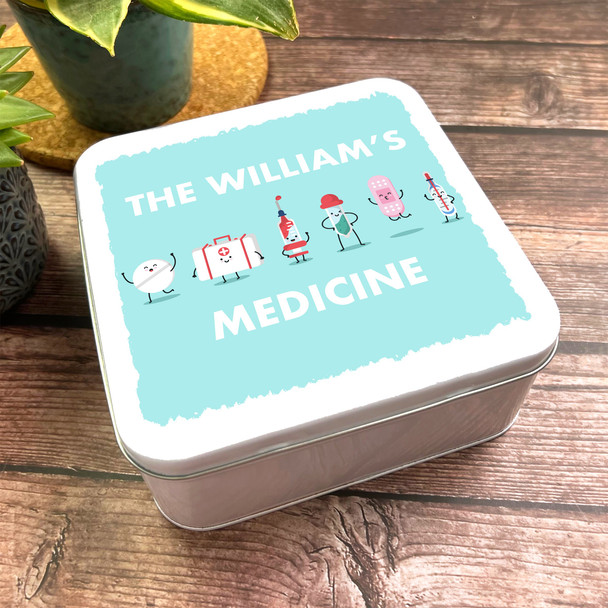 Square Cute Cartoon Medicine Characters Family Personalised First Aid Tin