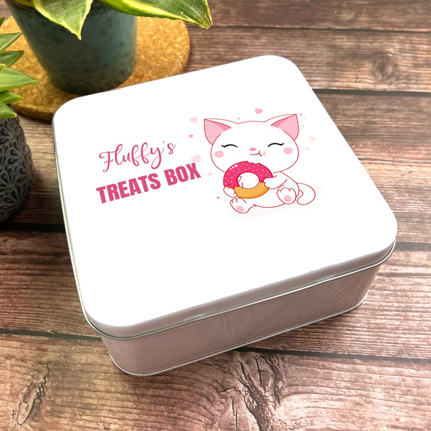 Square Cute Cat Pink Doughnut Personalised Pet Treat Tin