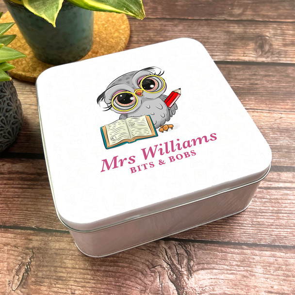 Square Cute Clever Owl Teacher Personalised Bits & Bobs Tin