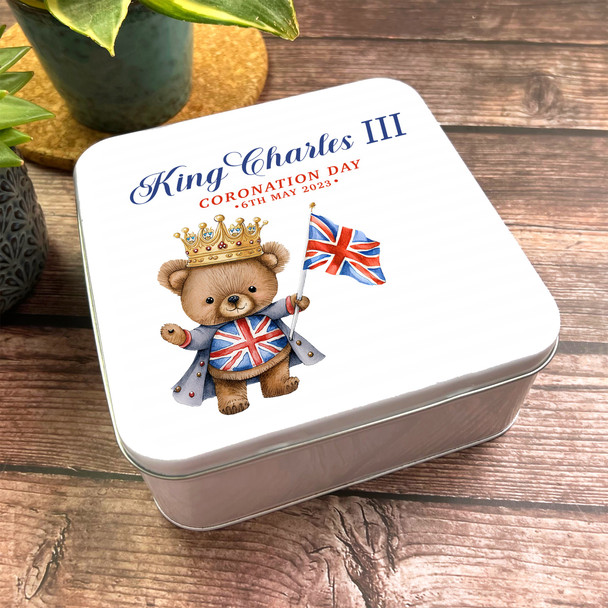 Square Crown Teddy Bear Uk Union Jack King Charles III Coronation Souvenir Tin