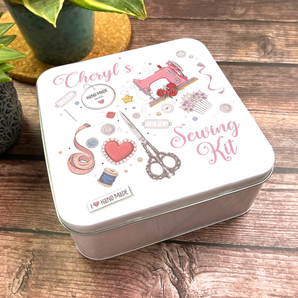 Square Cute Pink Sewing Kit Icons Personalised Tin