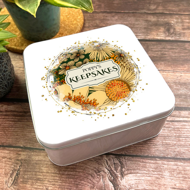 Square Floral Vintage Flowers Gold Antique Personalised Keepsake Storage Tin