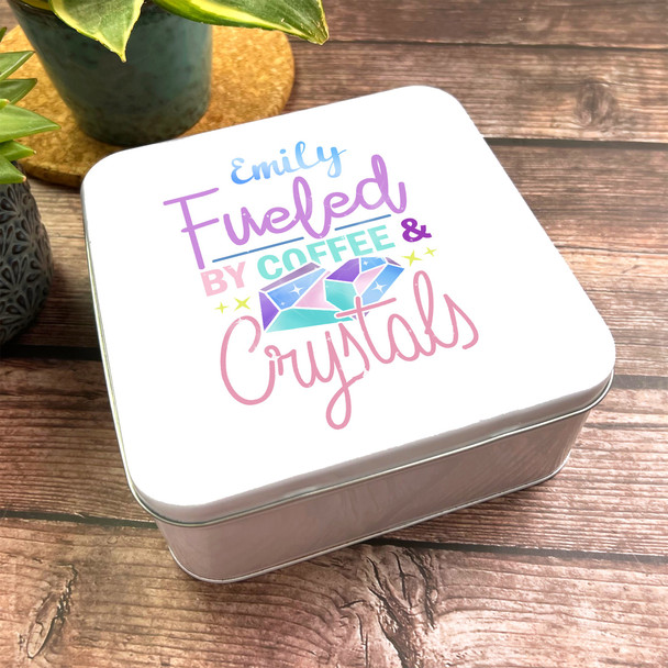 Square Fuelled By Coffee Pastel Colours Design Personalised Crystals Storage Tin