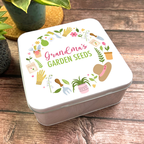 Square Grandma's Gardening Tools Wreath Personalised Seeds Tin