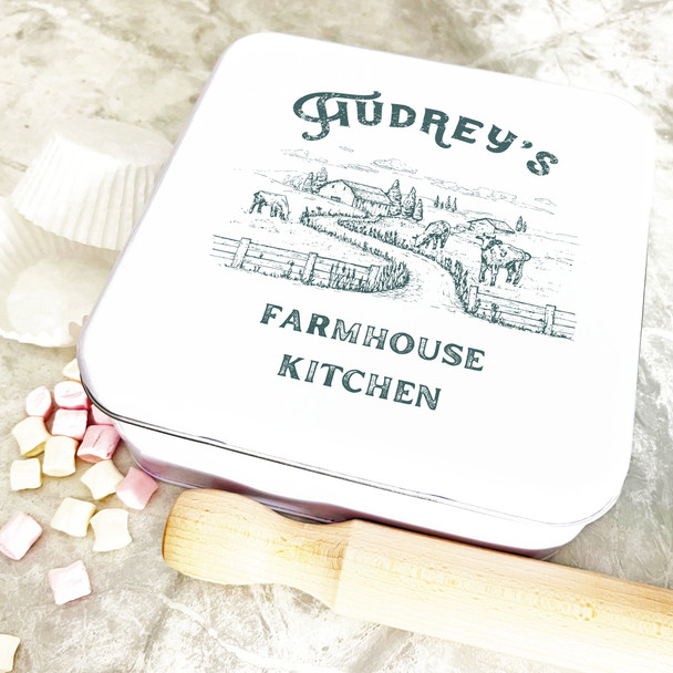 Square Green Rustic Country Farmhouse Cow Personalised Kitchen Storage Tin