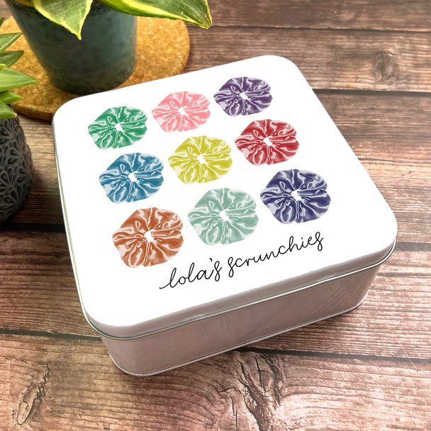 Square Hair Accessories Storage Bright Colourful Personalised Scrunchie Tin