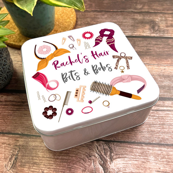 Square Hair Bits and Bobs Accessories Pink Bows Clips Personalised Beauty Tin