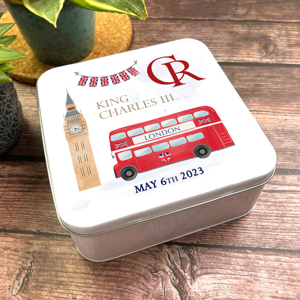 Square Big Ben Union Jack Bunting Bus King Charles III Coronation Souvenir Tin