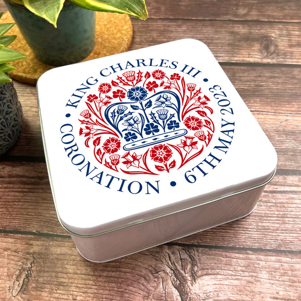 Square Official Blue Red Emblem King Charles III Coronation Souvenir Tin