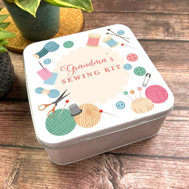 Square Pastel Sewing Kit Icons Grandma's Personalised Tin