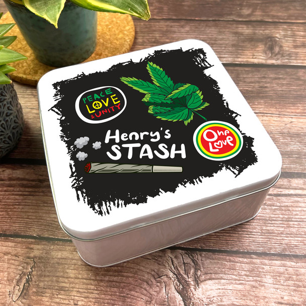 Square Peace Love Weed One Love Marijuana Personalised Stash Smokers Tin