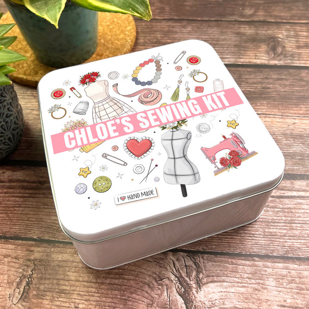 Square Pink Pretty Sewing Kit Elements Personalised Tin