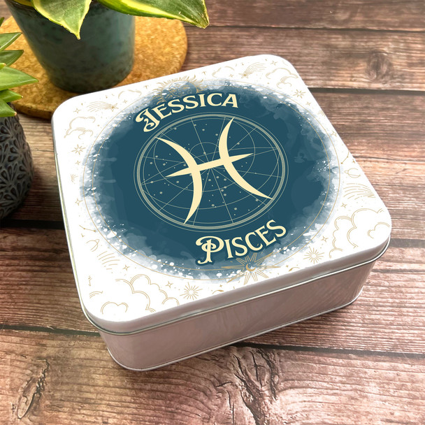 Square Pisces Symbol Forest Green Sky Stars Personalised Star Sign Tin