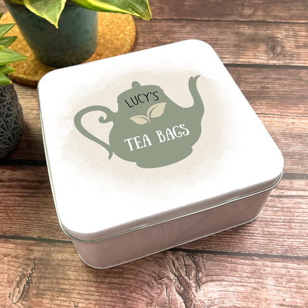 Square Rustic Sage Green Teapot Shabby Chic Personalised Tea Bag Tin