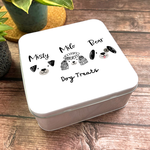 Square Biscuits Three Dogs Cute Doodle Personalised Dog Treats Tin
