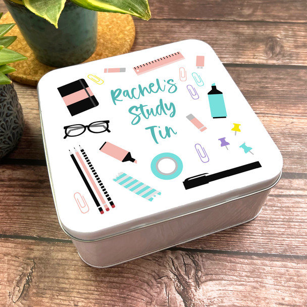 Square Stationary Pens Pencil Homework Personalised Study Tin