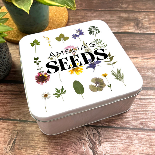 Square Storage Retro Vintage Hippie Pressed Flowers Personalised Seed Tin