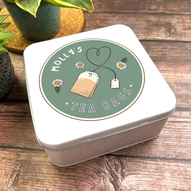 Square Tea Storage Daisies Cute Green Personalised Tea Bags Tin