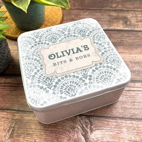 Square Teal Sage Green Pattern Antique Personalised Bit and Bobs Storage Tin