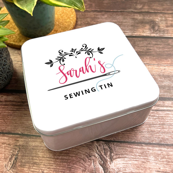 Square Threaded Needle Pink Simple Personalised Sewing Tin