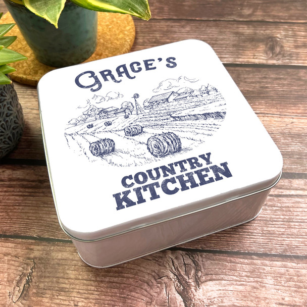 Square Vintage Country Farmhouse Blue Print Personalised Kitchen Storage Tin