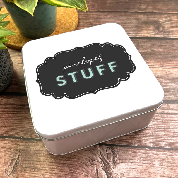 Square Black Label Simple Minimal Stuff Personalised Storage Tin