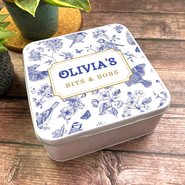 Square Blue Indigo Vintage Odds & Ends Bits & Bobs Personalised Storage Tin