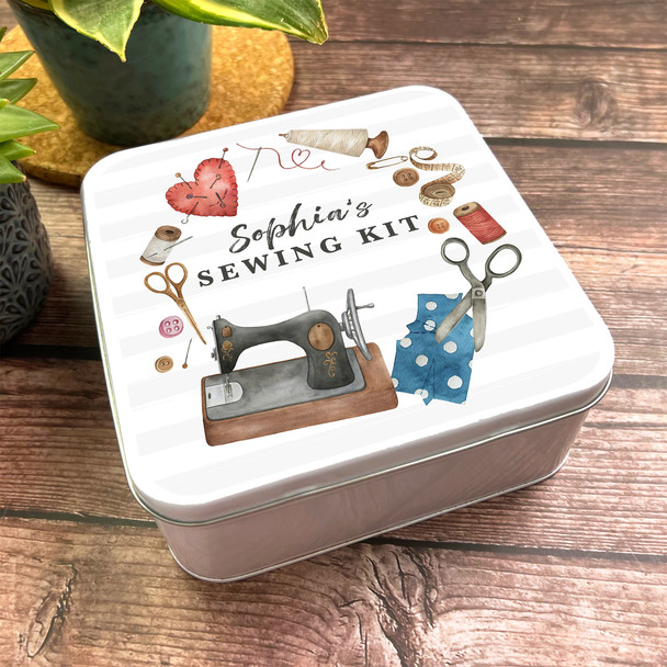 Square Watercolour Sewing Kit Machine Wreath Personalised Tin