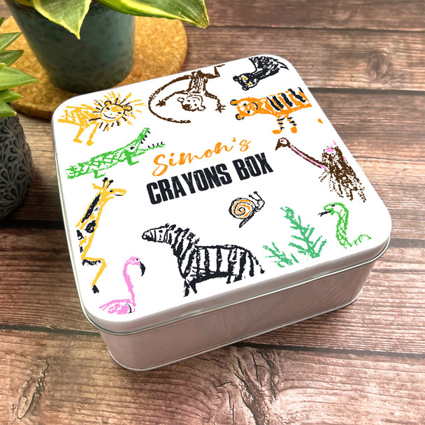 Square Wild Animal Drawing Pencils Art Stationary Personalised Crayon Tin