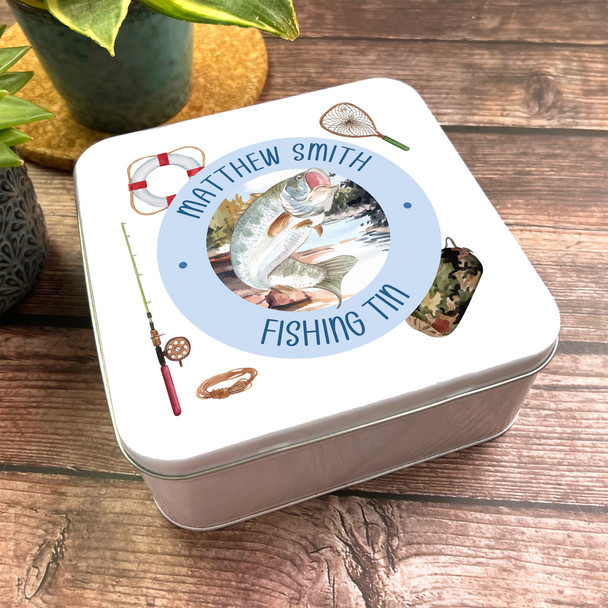 Square Angler Fisherman Nature Fish Personalised Fishing Tin