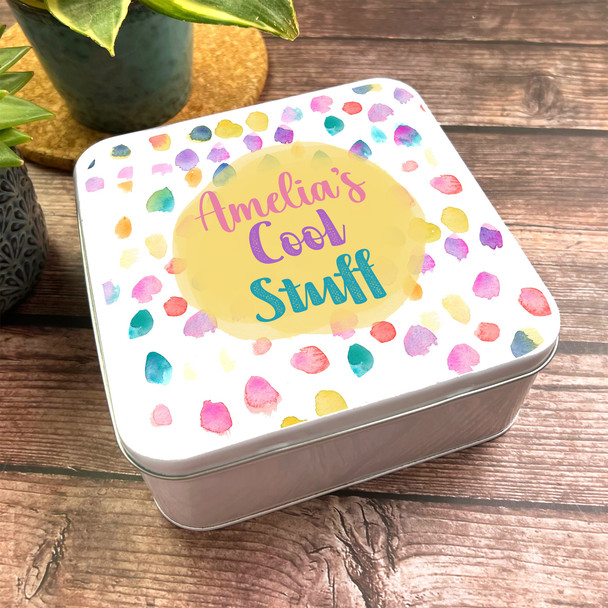 Square Bright Colourful Cool Stuff Treasures Personalised Kid's Storage Tin