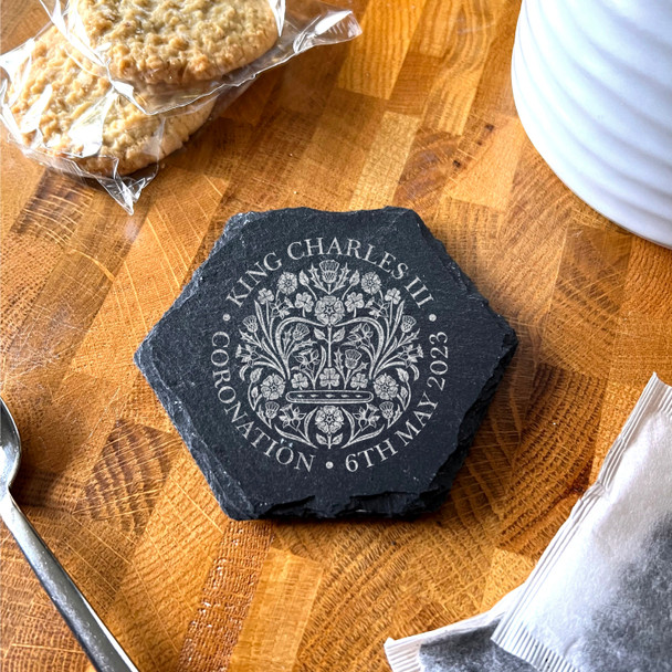 Official Emblem King Charles III Coronation Day Souvenir Hexagon Slate Coaster