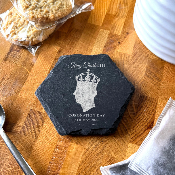 Silhouette Profile King Charles Coronation Day Souvenir Hexagon Slate Coaster