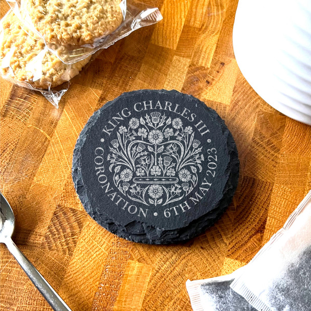 Official Emblem King Charles III Coronation Day Souvenir Round Slate Coaster