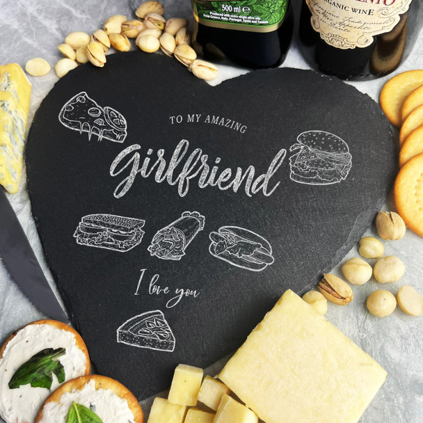 Food Selection To My Amazing Girlfriend I Love You Gift Heart Slate Cheese Board