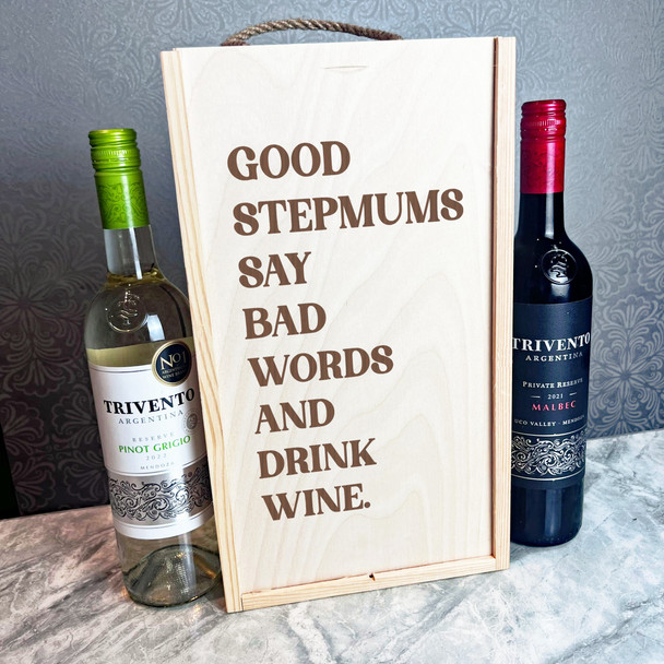 Funny Good Stepmum's  Wooden Rope Double Two Bottle Wine Gift Box
