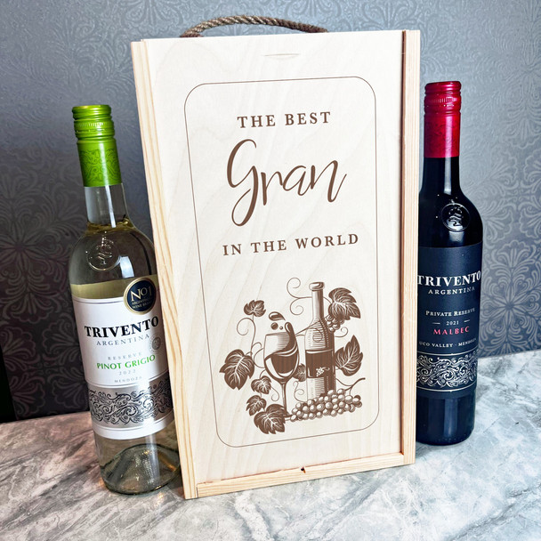 Best Gran In The World Grapes & Wine Wooden Rope Double Two Bottle Wine Gift Box