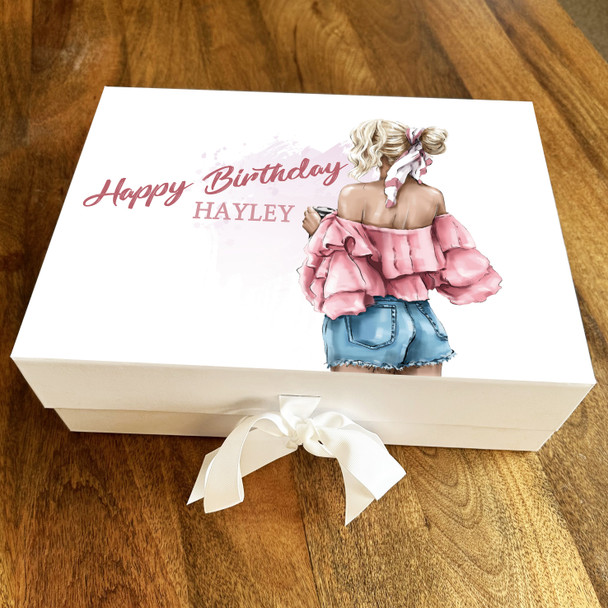 Pink Fashion Pretty Girl Happy Birthday Blonde Personalised Hamper Gift Box