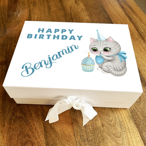 Cute Blue Cupcake Cat Happy Birthday Personalised Hamper Gift Box