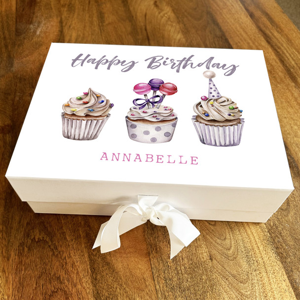 Cute Pastel Watercolour Cupcakes Happy Birthday Personalised Hamper Gift Box