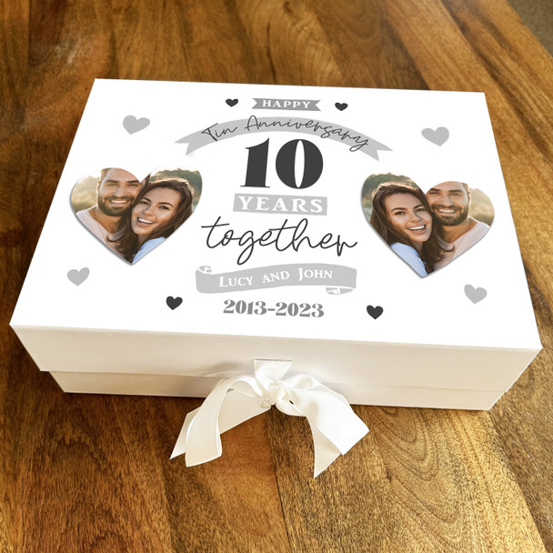 10th Wedding Anniversary Grey Heart Photo Hearts Personalised Hamper Gift Box