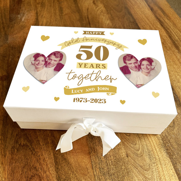 50th Wedding Anniversary Gold Photo Hearts Personalised Hamper Gift Box