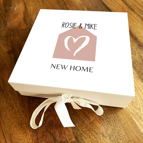 Square Dark Peach House & White Heart New Home Personalised Hamper Gift Box