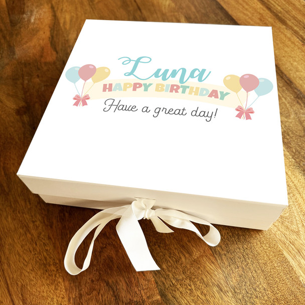 Square Pastel Banner & Balloons Happy Birthday Personalised Hamper Gift Box