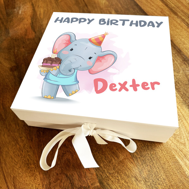 Square Cute Happy Birthday Elephant With Cake Personalised Hamper Gift Box