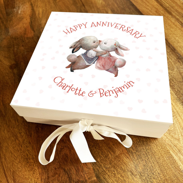 Square Cute Kissing Bunnies Anniversary Pink Hearts Personalised Hamper Gift Box