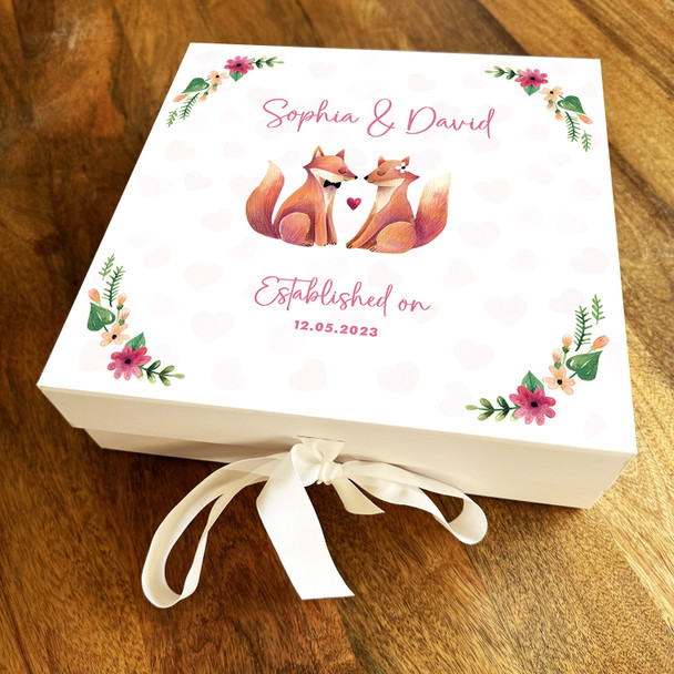 Square Cute Love Foxes Wedding Date Anniversary Mr & Mrs Personalised Gift Box